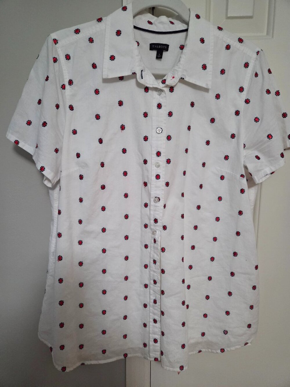 Talbots White with Red and Blue Dots Lined SS Button Down Shirt Size L
